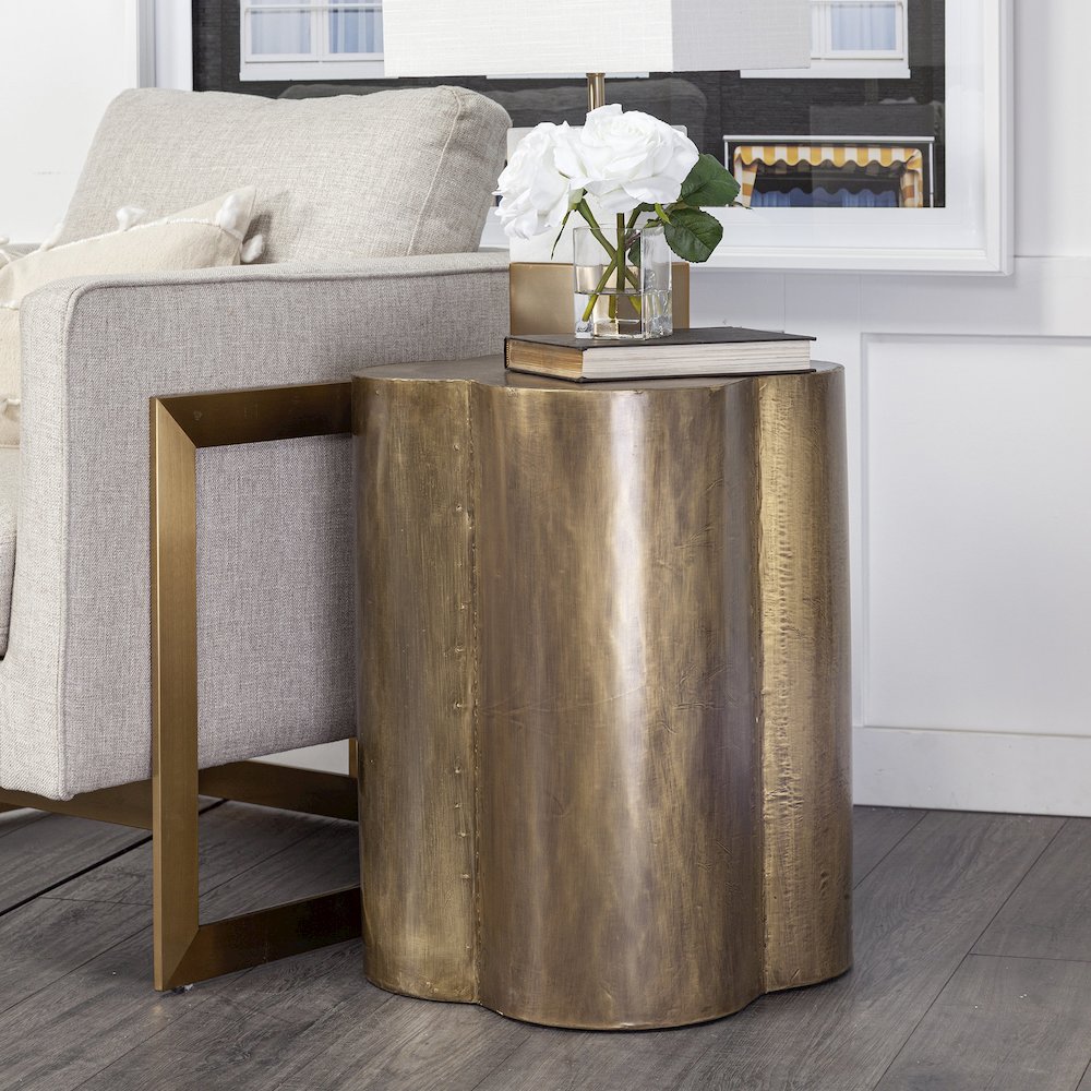 18L X 18W Gold Flower Wooden Top Brass Cladding Accent Table. Picture 3