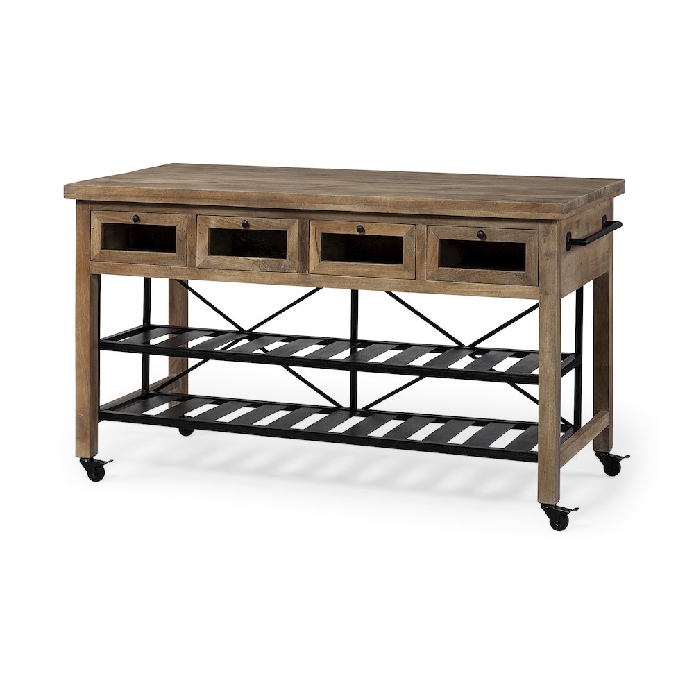 Stuart Brown Solid Wood Top Two-Tier Black Metal Rolling Kitchen Island. Picture 1