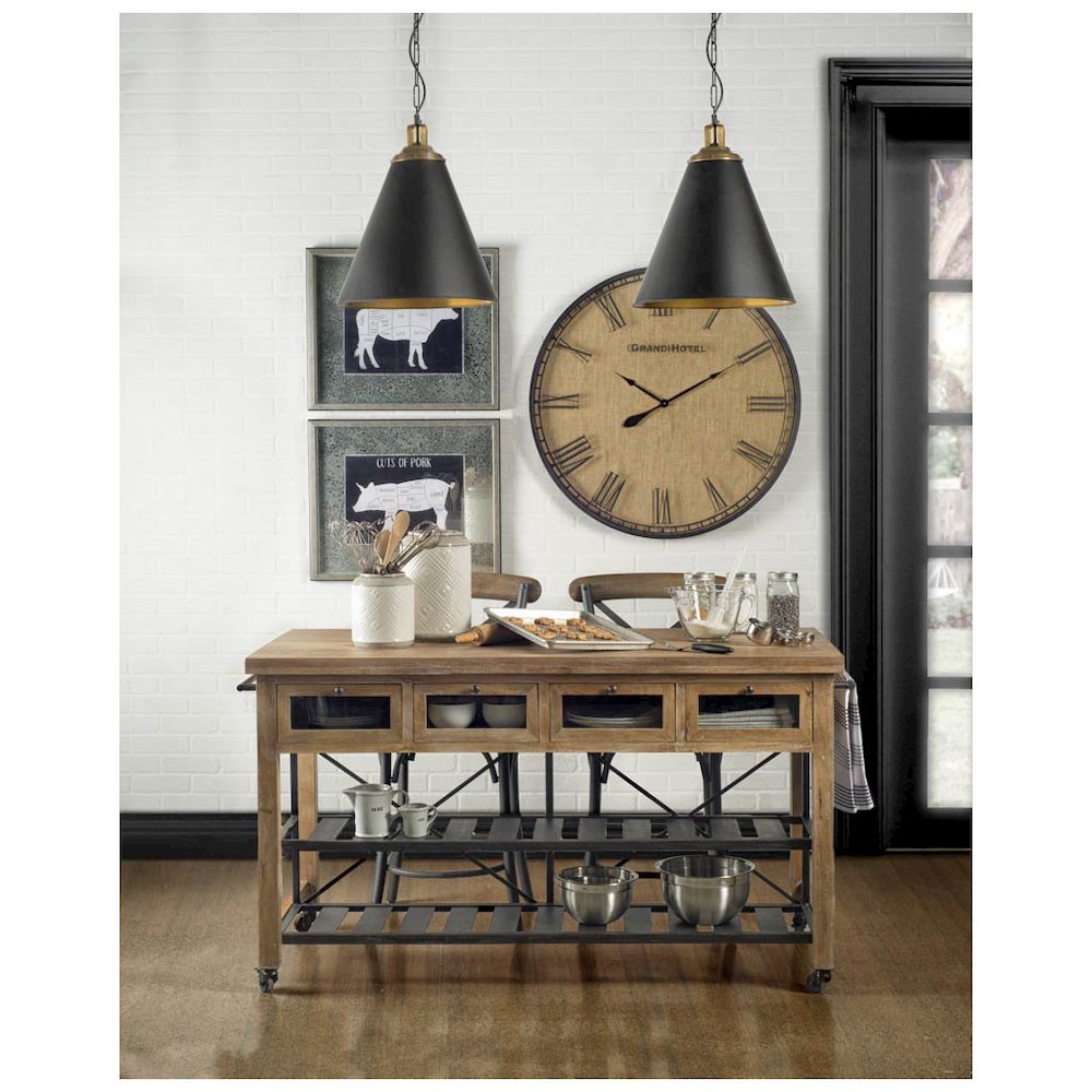 Stuart Brown Solid Wood Top Two-Tier Black Metal Rolling Kitchen Island. Picture 6