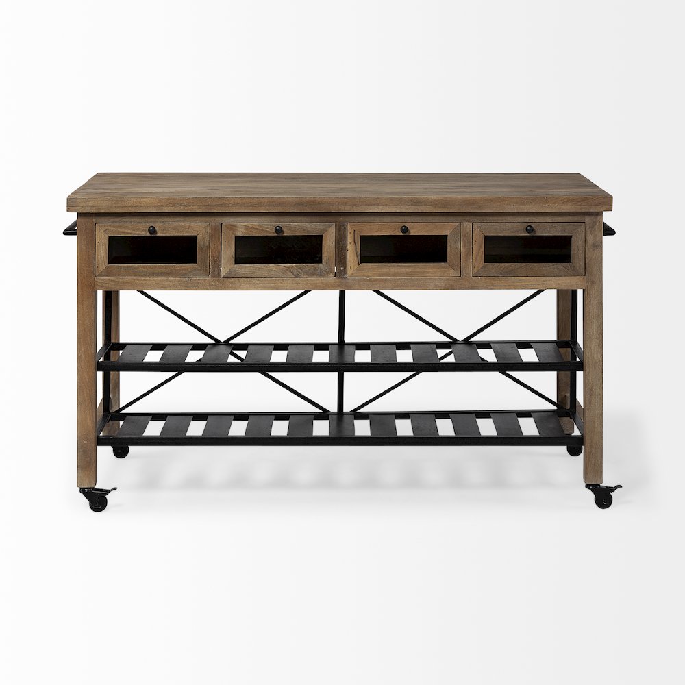 Stuart Brown Solid Wood Top Two-Tier Black Metal Rolling Kitchen Island. Picture 8