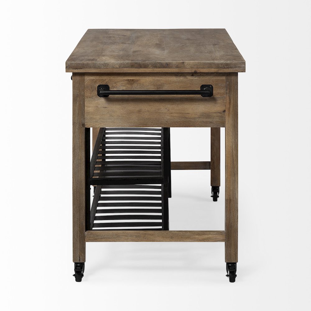 Stuart Brown Solid Wood Top Two-Tier Black Metal Rolling Kitchen Island. Picture 9