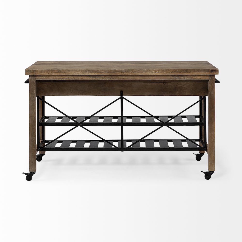 Stuart Brown Solid Wood Top Two-Tier Black Metal Rolling Kitchen Island. Picture 10