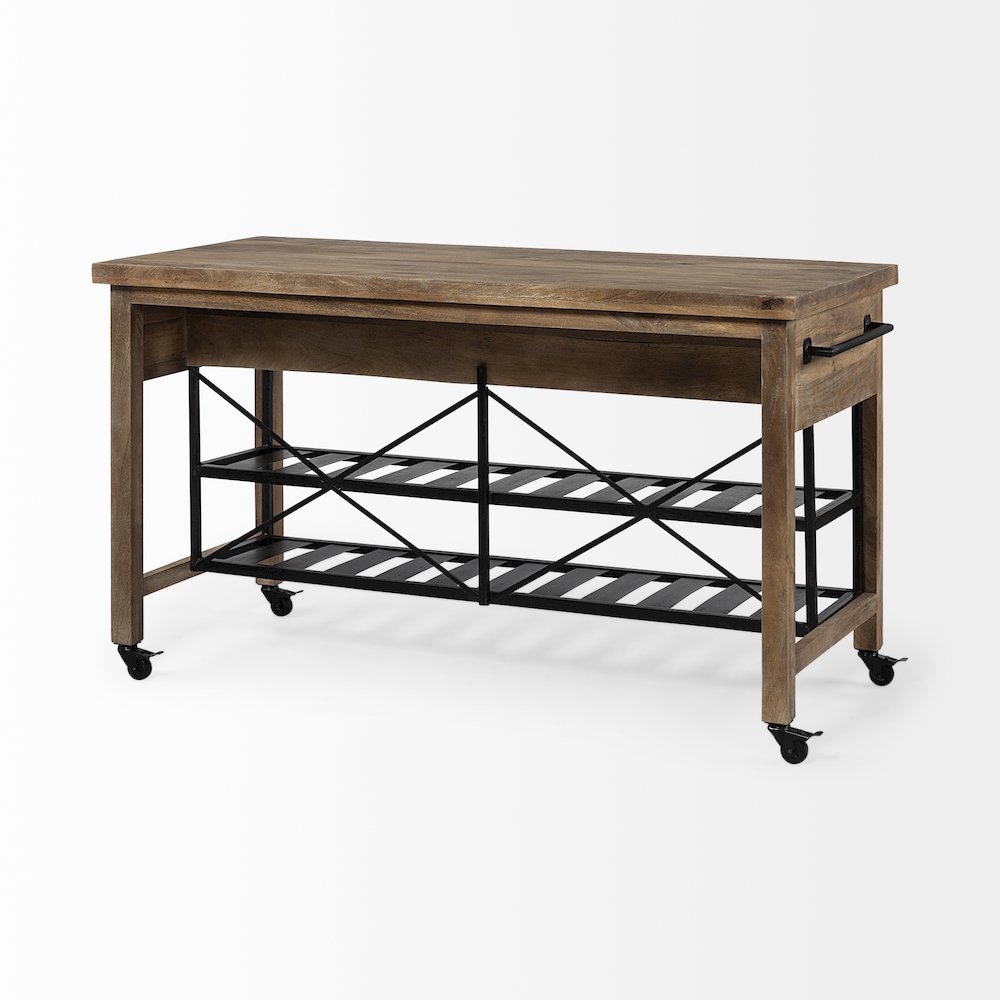 Stuart Brown Solid Wood Top Two-Tier Black Metal Rolling Kitchen Island. Picture 11