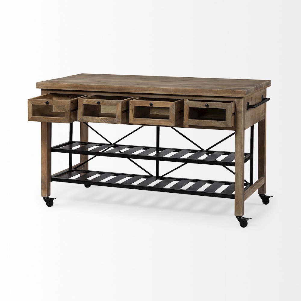 Stuart Brown Solid Wood Top Two-Tier Black Metal Rolling Kitchen Island. Picture 12