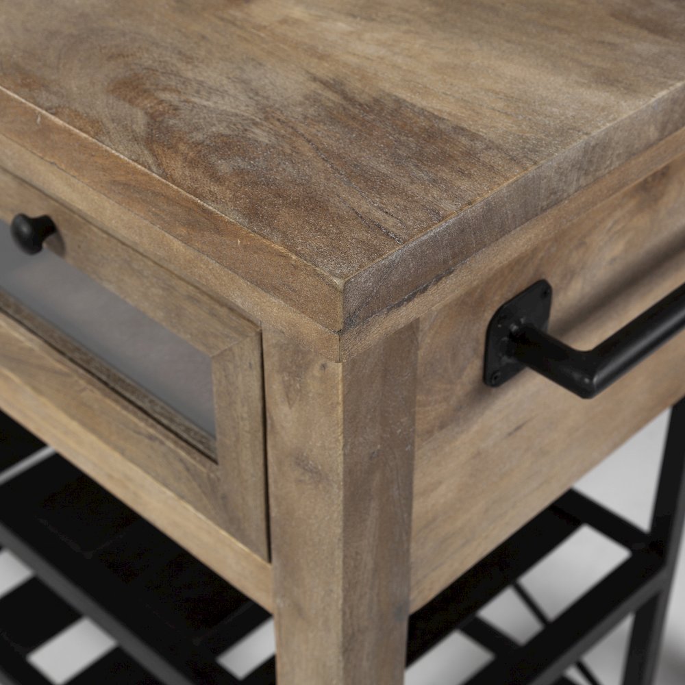 Stuart Brown Solid Wood Top Two-Tier Black Metal Rolling Kitchen Island. Picture 13