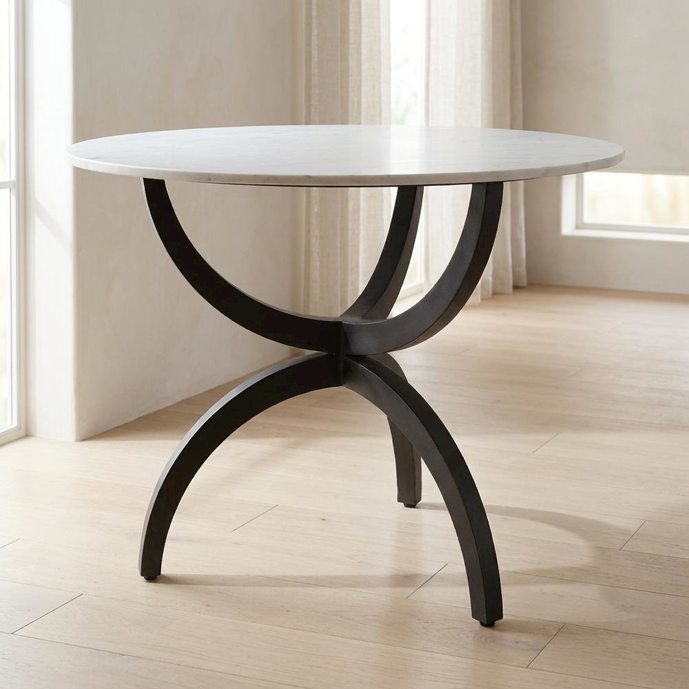 White Marble Top Dining Table with Black Metal Base, Modern Style. Picture 2