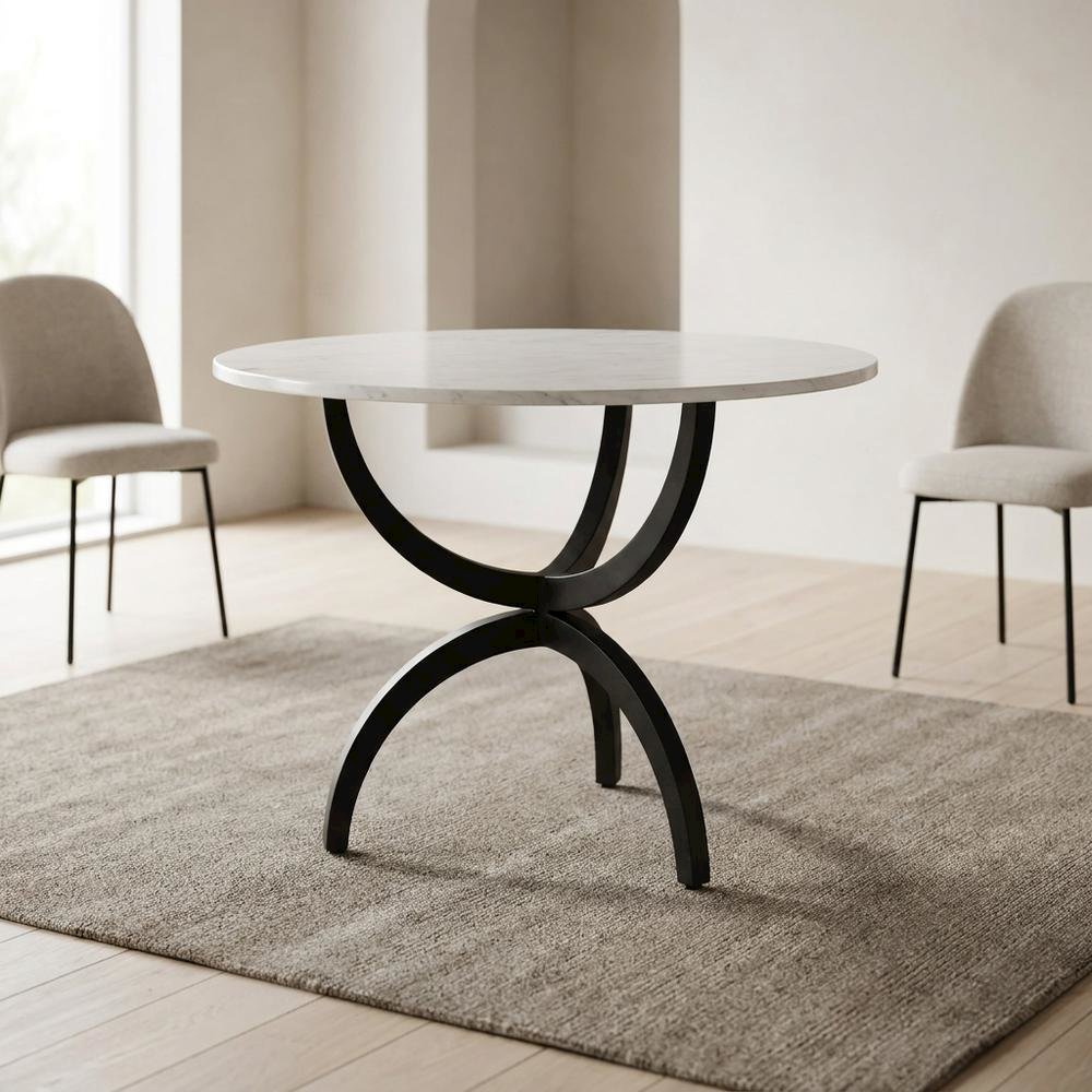 White Marble Top Dining Table with Black Metal Base, Modern Style. Picture 3