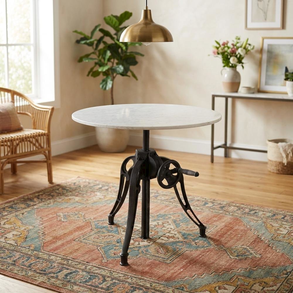 White Marble Top Dining Table with Black Metal Base, Luxe Style. Picture 3