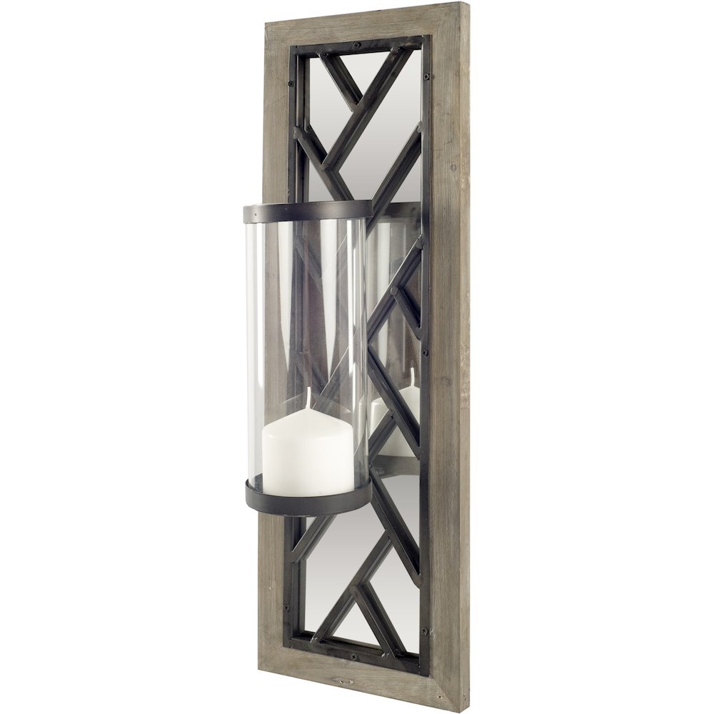 Benj24"H Brown Wood Frame Black Metal Accent Mirrored Wall Candle Holder. Picture 1
