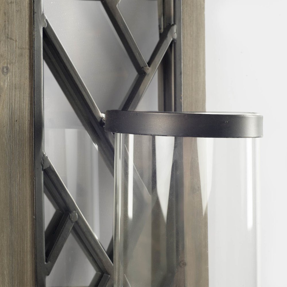 Benj24"H Brown Wood Frame Black Metal Accent Mirrored Wall Candle Holder. Picture 3