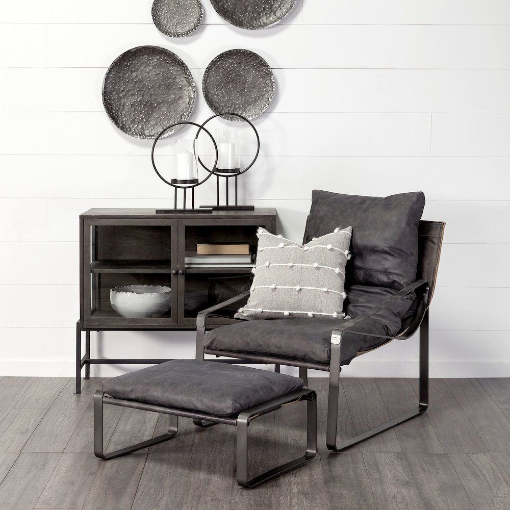 Hornet 14"H Black Leather Black Metal Base Ottoman. Picture 2