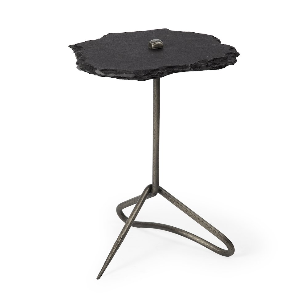 19L X 19W Black Slate Top Triangular Iron Base Accent Table. Picture 1