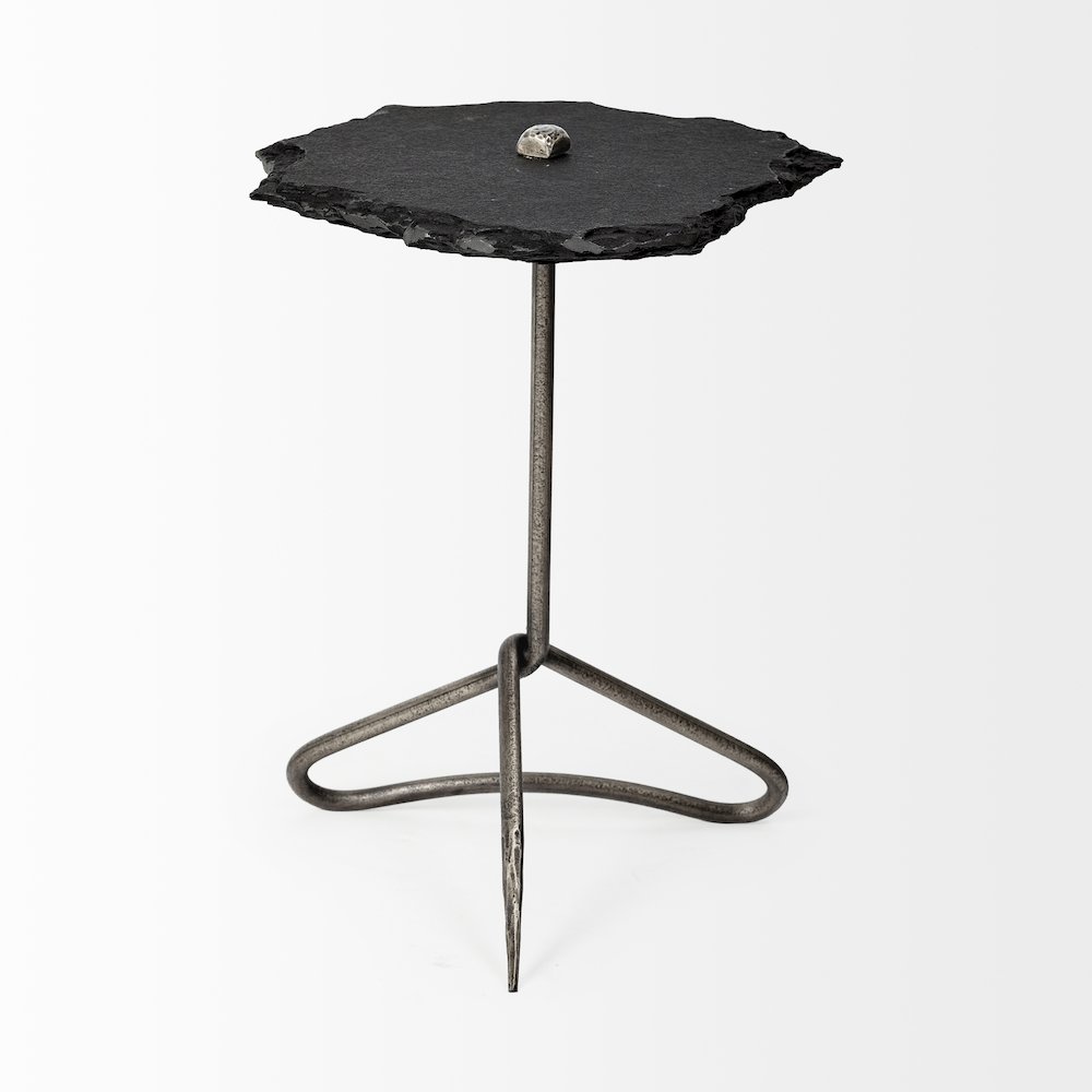 19L X 19W Black Slate Top Triangular Iron Base Accent Table. Picture 4