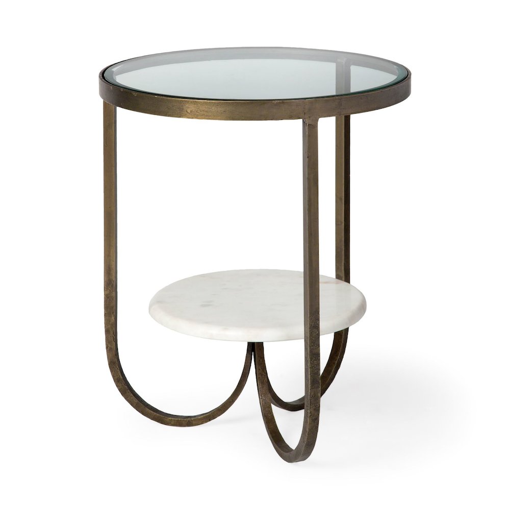 Reinhardt 20" Round Glass Top Metal and Marble Detail End/Side Table. Picture 1