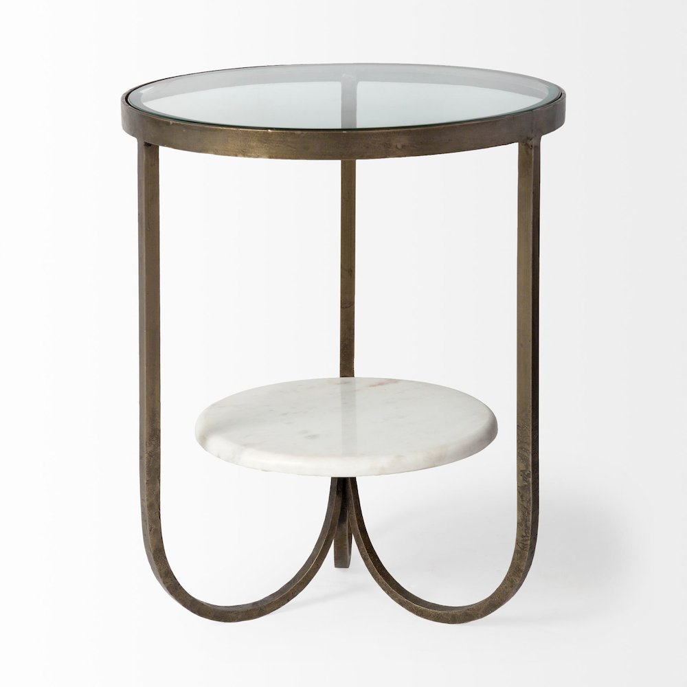 Reinhardt 20" Round Glass Top Metal and Marble Detail End/Side Table. Picture 3