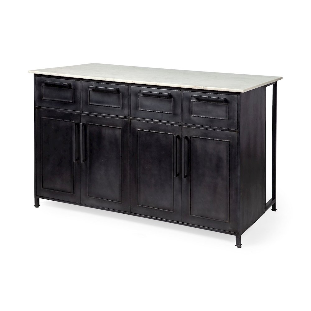 FierSolid Iron Black Body White Marble Top Four Drawer Kitchen Island. Picture 1