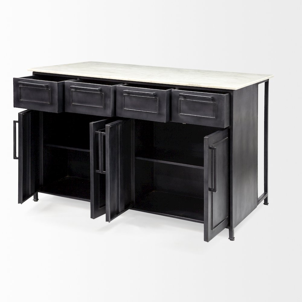 FierSolid Iron Black Body White Marble Top Four Drawer Kitchen Island. Picture 6