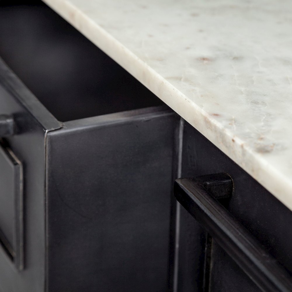 FierSolid Iron Black Body White Marble Top Four Drawer Kitchen Island. Picture 7