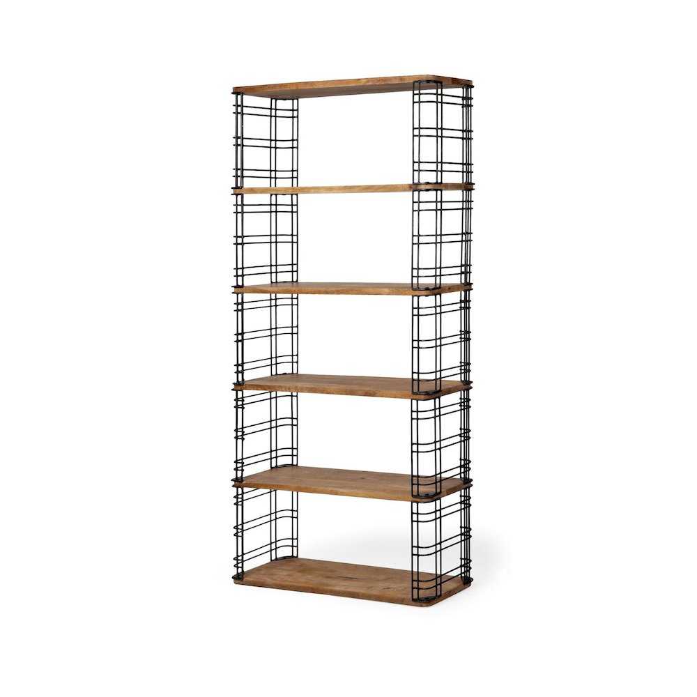 40L X 12W X 79H Brown Wood And Metal Frame Six Shelf Shelving Unit. Picture 1