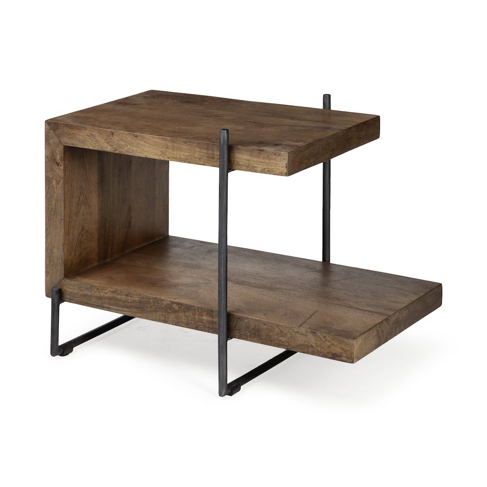 Maddox 30L x 18W x 22H Medium Brown Wood Black Metal U-shaped End/Side Table. Picture 1