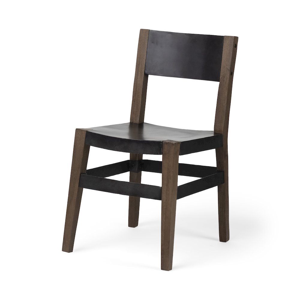 Black Iron Seat Solid Brown Wooden Base Dining Chair. Picture 1