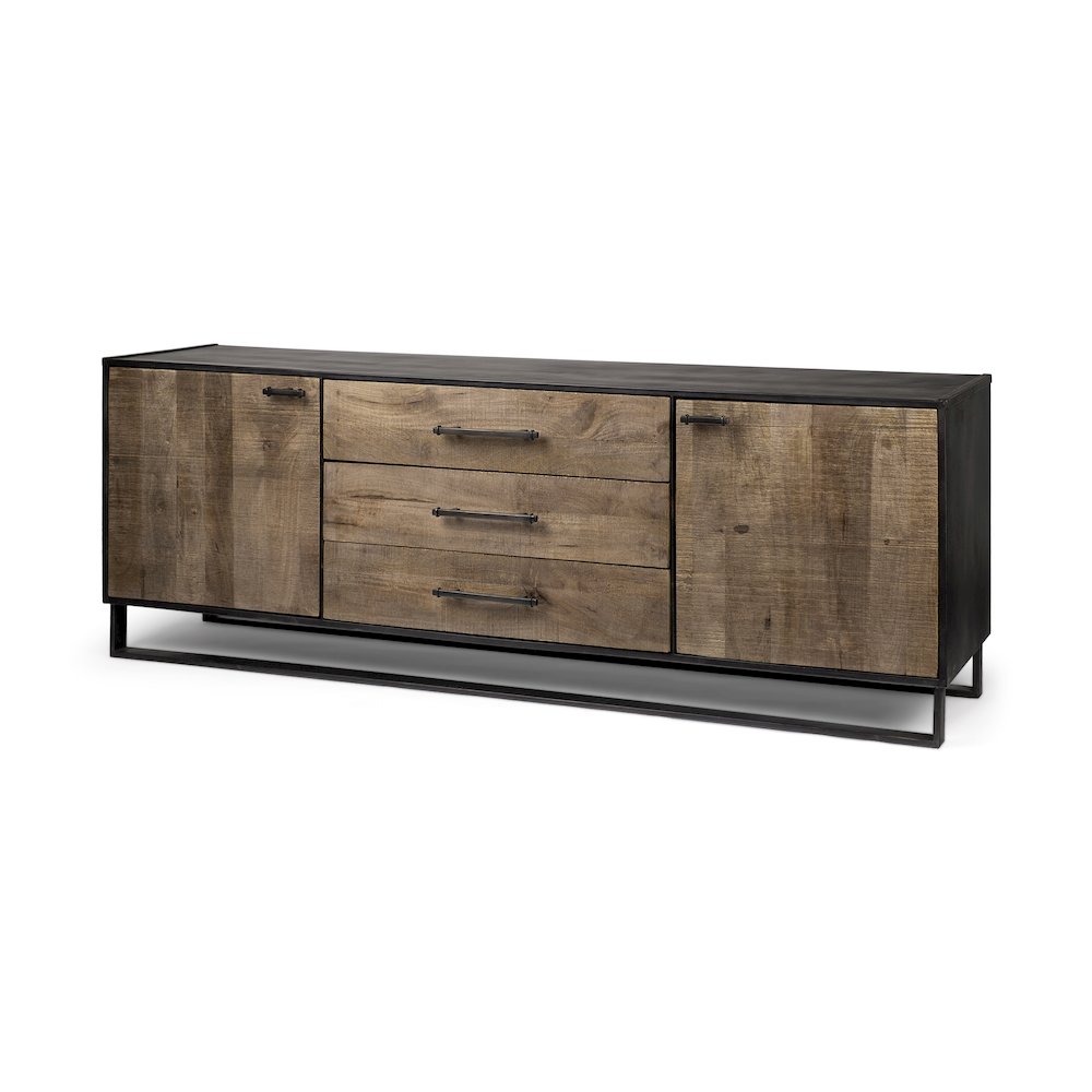82X20 Brown Solid Wood With Black Metal Frame 3 Drawer 2 Cabinet Door Sideboard. Picture 1