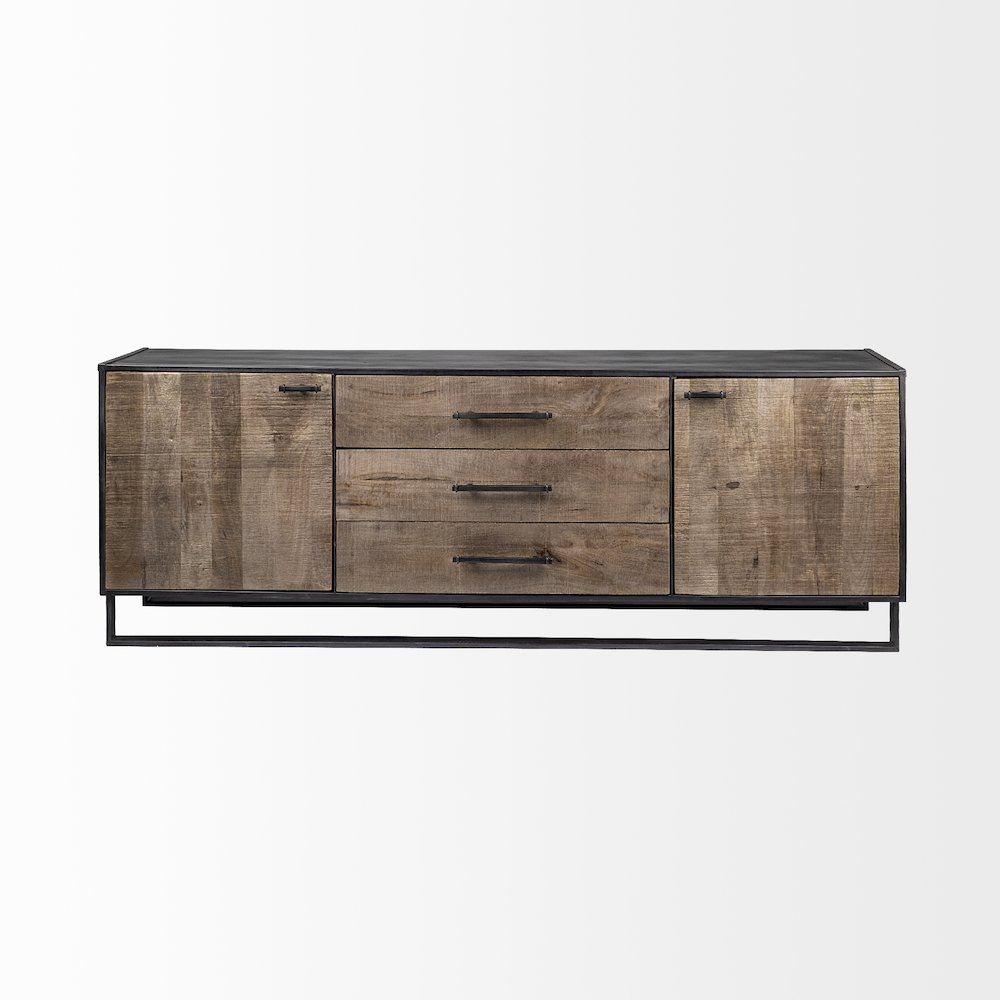 82X20 Brown Solid Wood With Black Metal Frame 3 Drawer 2 Cabinet Door Sideboard. Picture 2