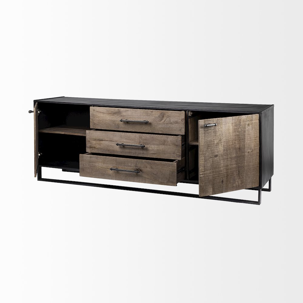 82X20 Brown Solid Wood With Black Metal Frame 3 Drawer 2 Cabinet Door Sideboard. Picture 5