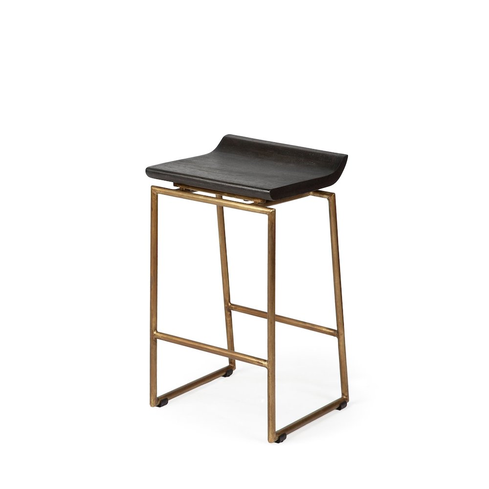 24.25" Seat Height Brown Wood Seat Gold Metal Frame Stool. Picture 1