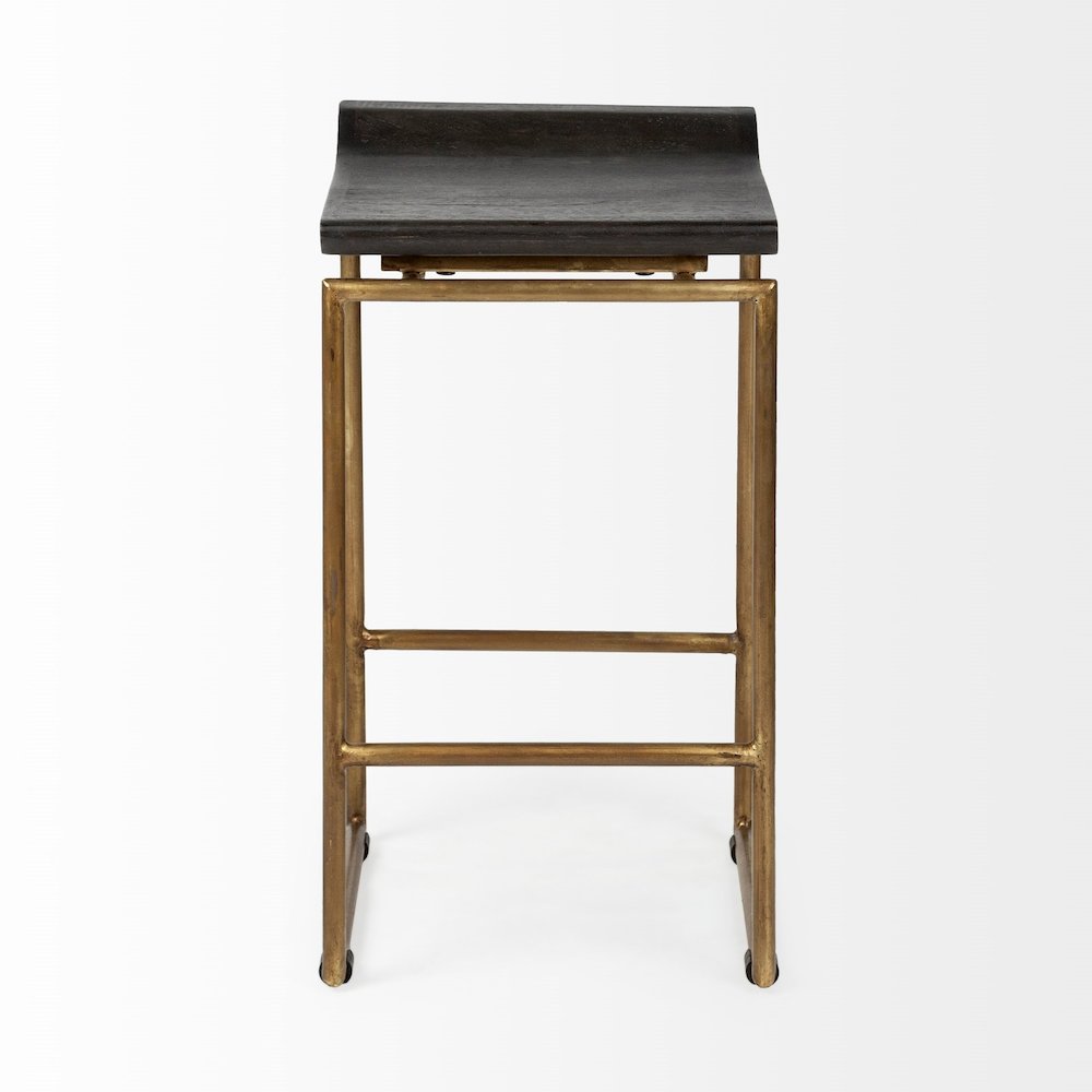24.25" Seat Height Brown Wood Seat Gold Metal Frame Stool. Picture 4