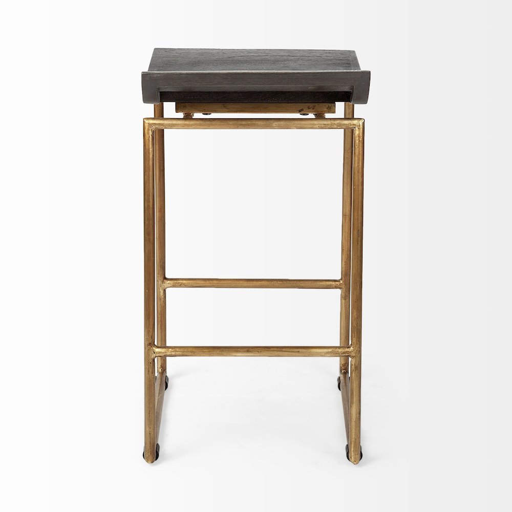 24.25" Seat Height Brown Wood Seat Gold Metal Frame Stool. Picture 6