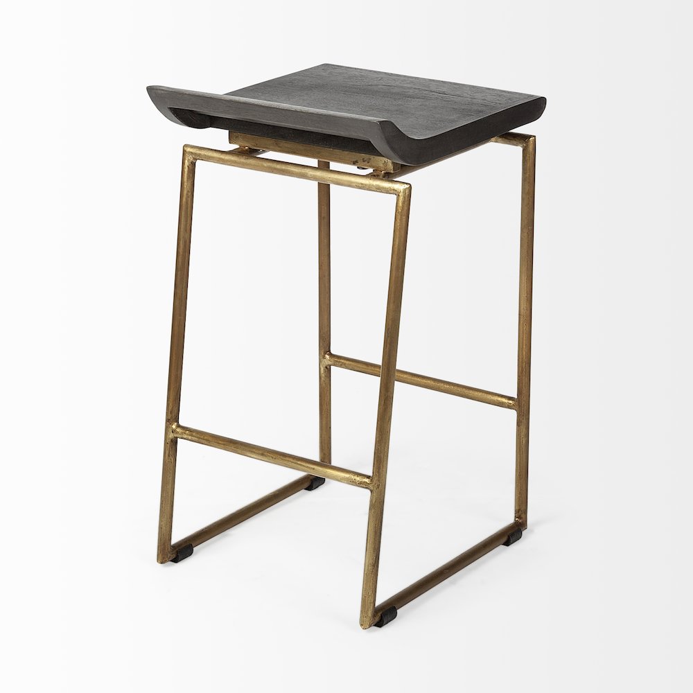 24.25" Seat Height Brown Wood Seat Gold Metal Frame Stool. Picture 7