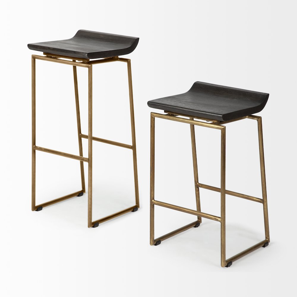 24.25" Seat Height Brown Wood Seat Gold Metal Frame Stool. Picture 8