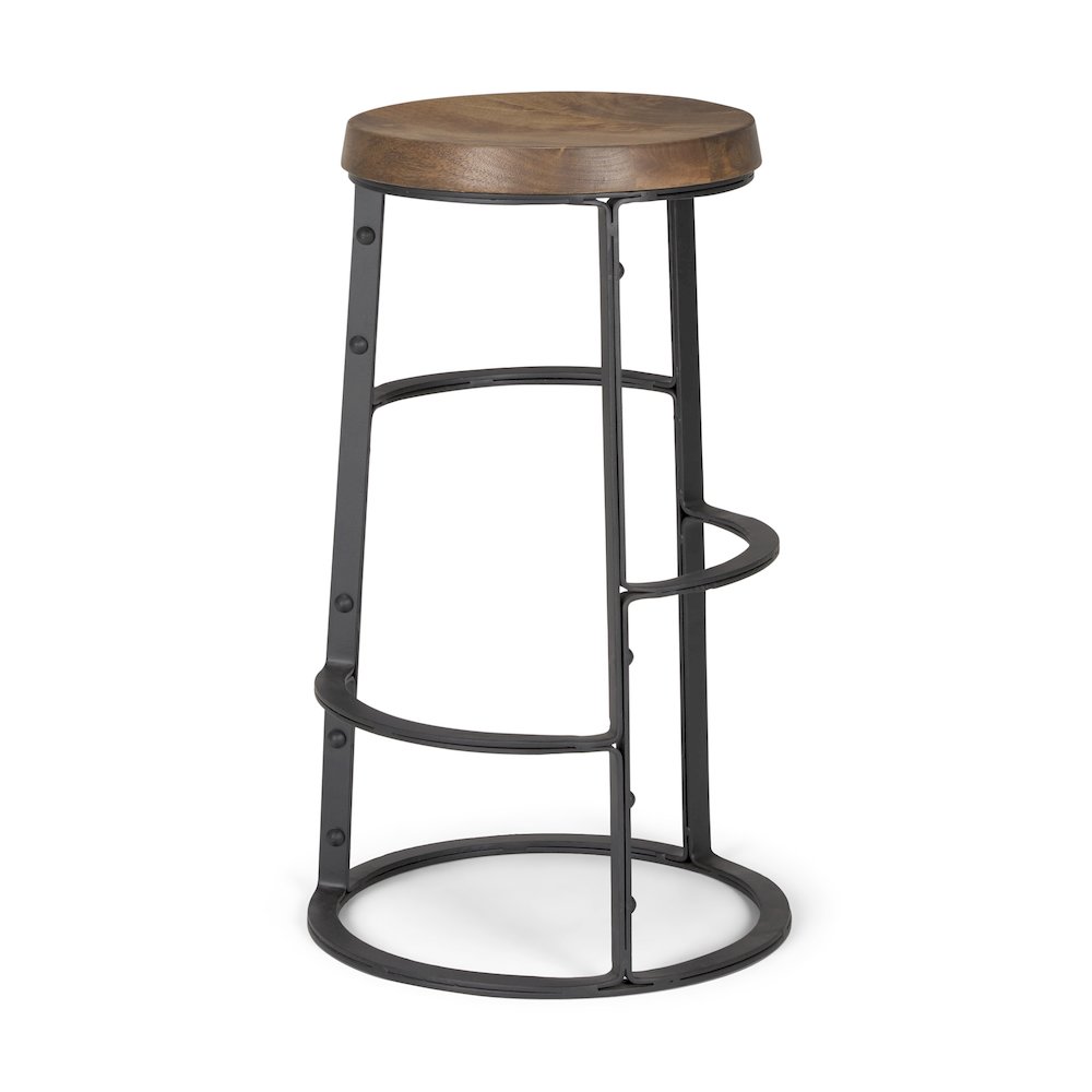 26.3" Seat Height Brown Wood Seat Black Metal Frame Stool. Picture 1