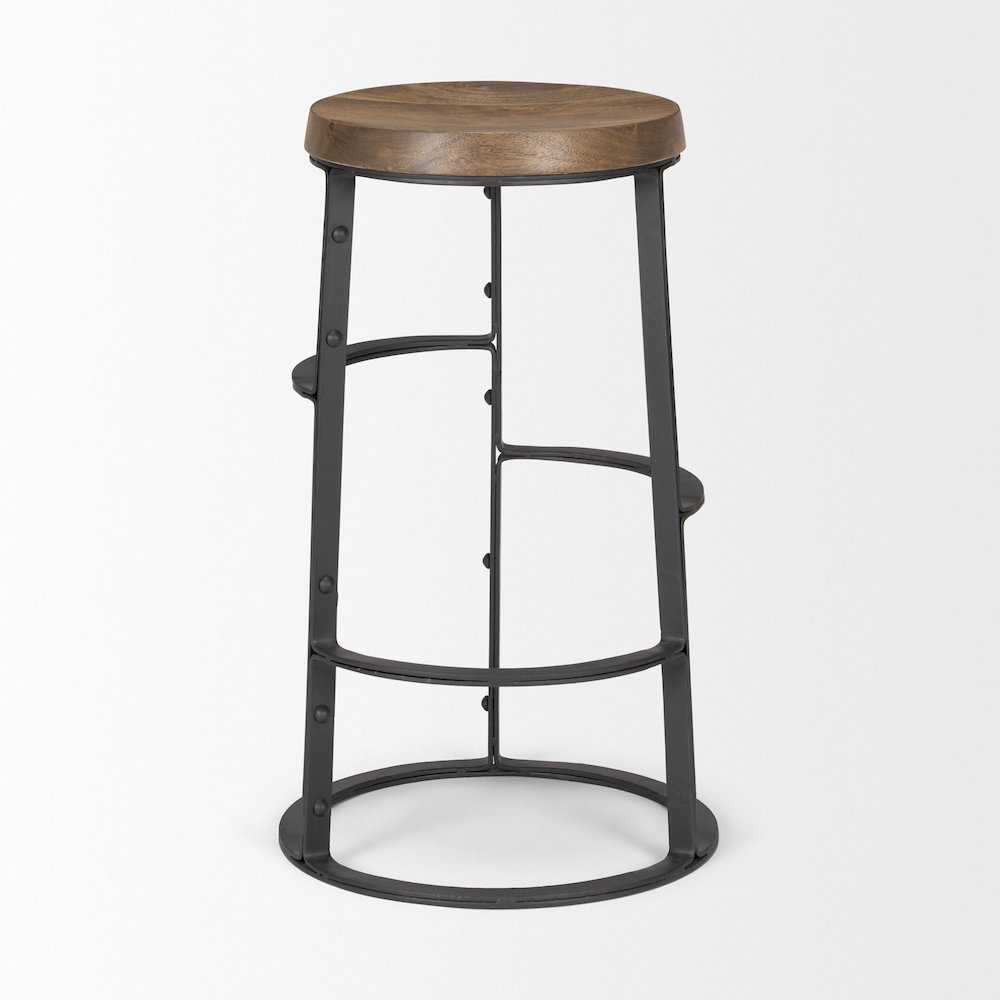 26.3" Seat Height Brown Wood Seat Black Metal Frame Stool. Picture 5