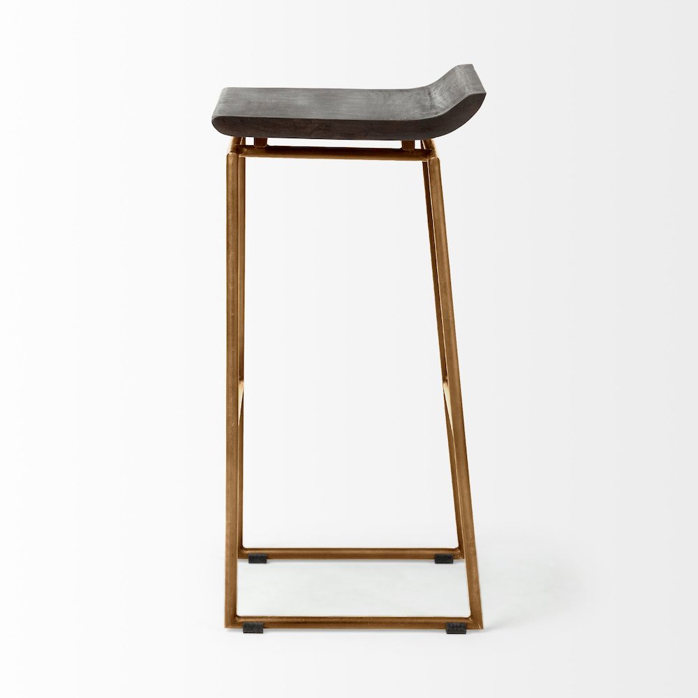 30.25" Seat Height Brown Wood Seat Gold Metal Base Stool. Picture 5