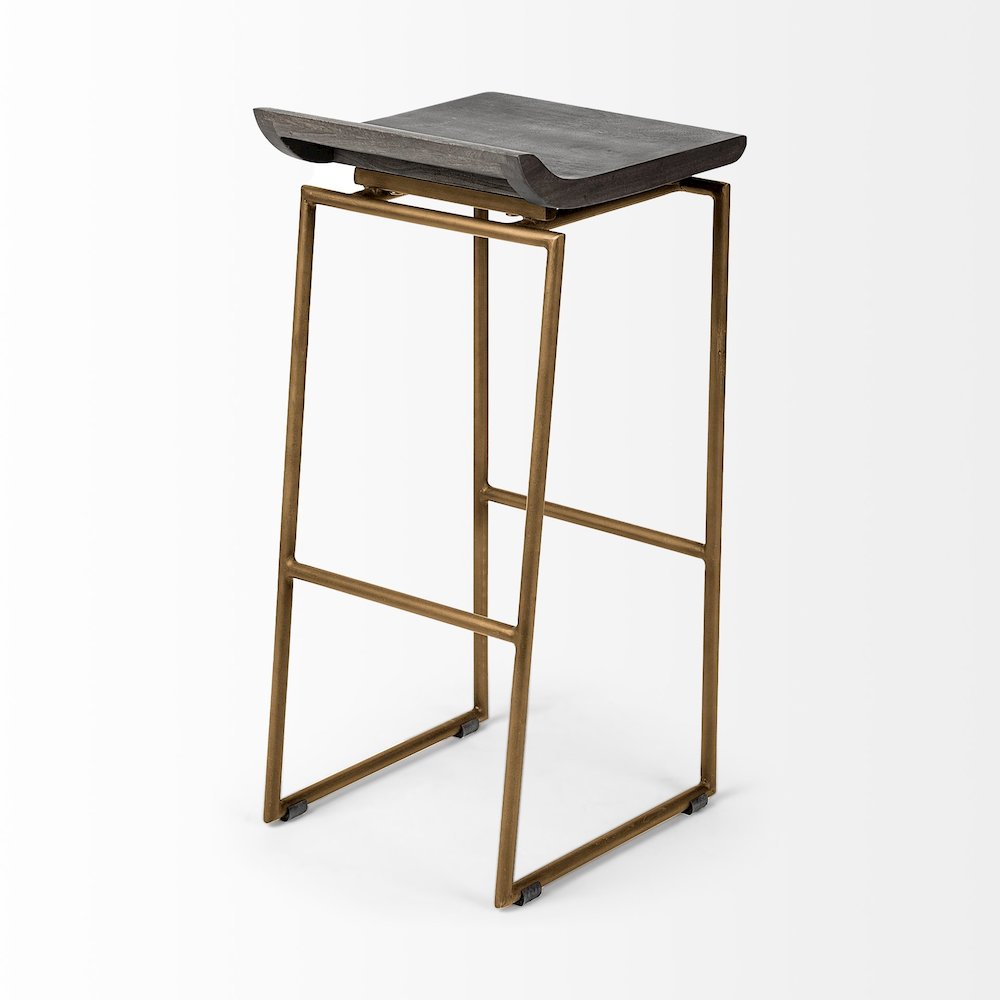 30.25" Seat Height Brown Wood Seat Gold Metal Base Stool. Picture 7