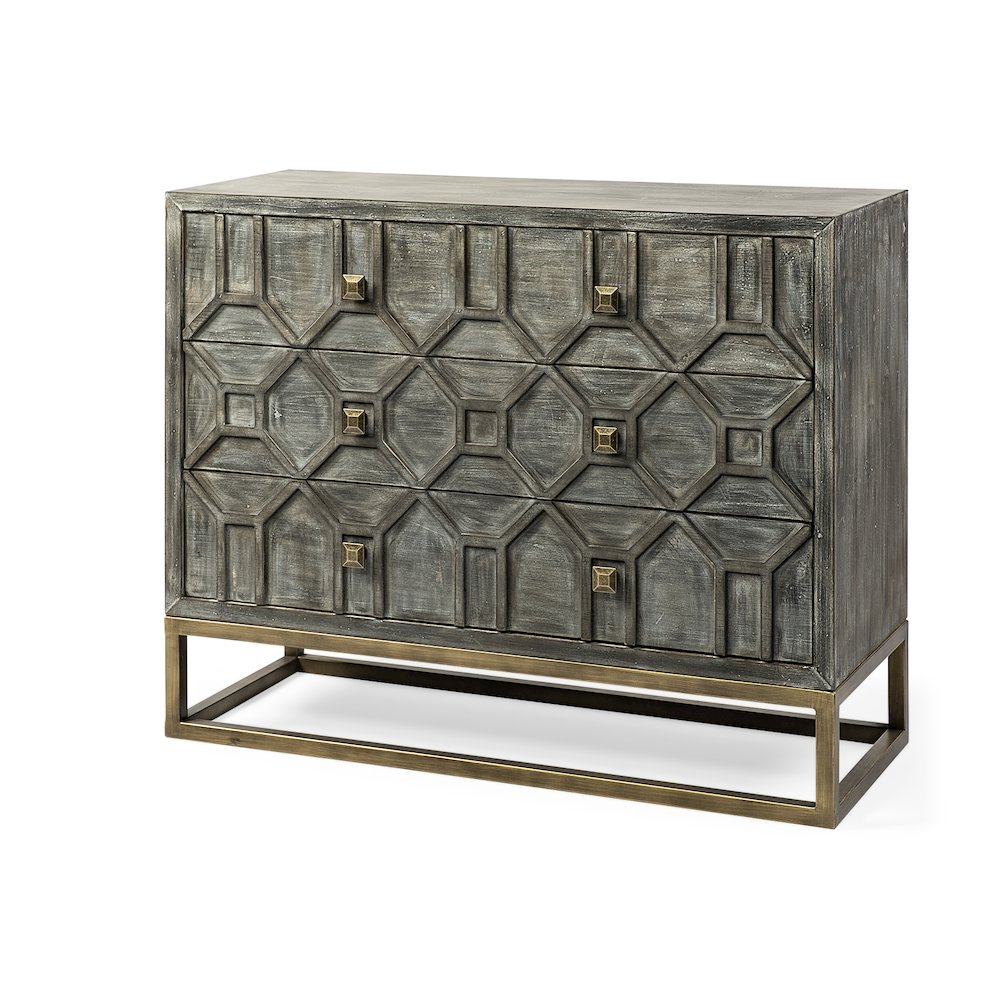 39L X 16W Gray Fir Veneer And Metal Base 3 Drawer Accent Cabinet. Picture 1