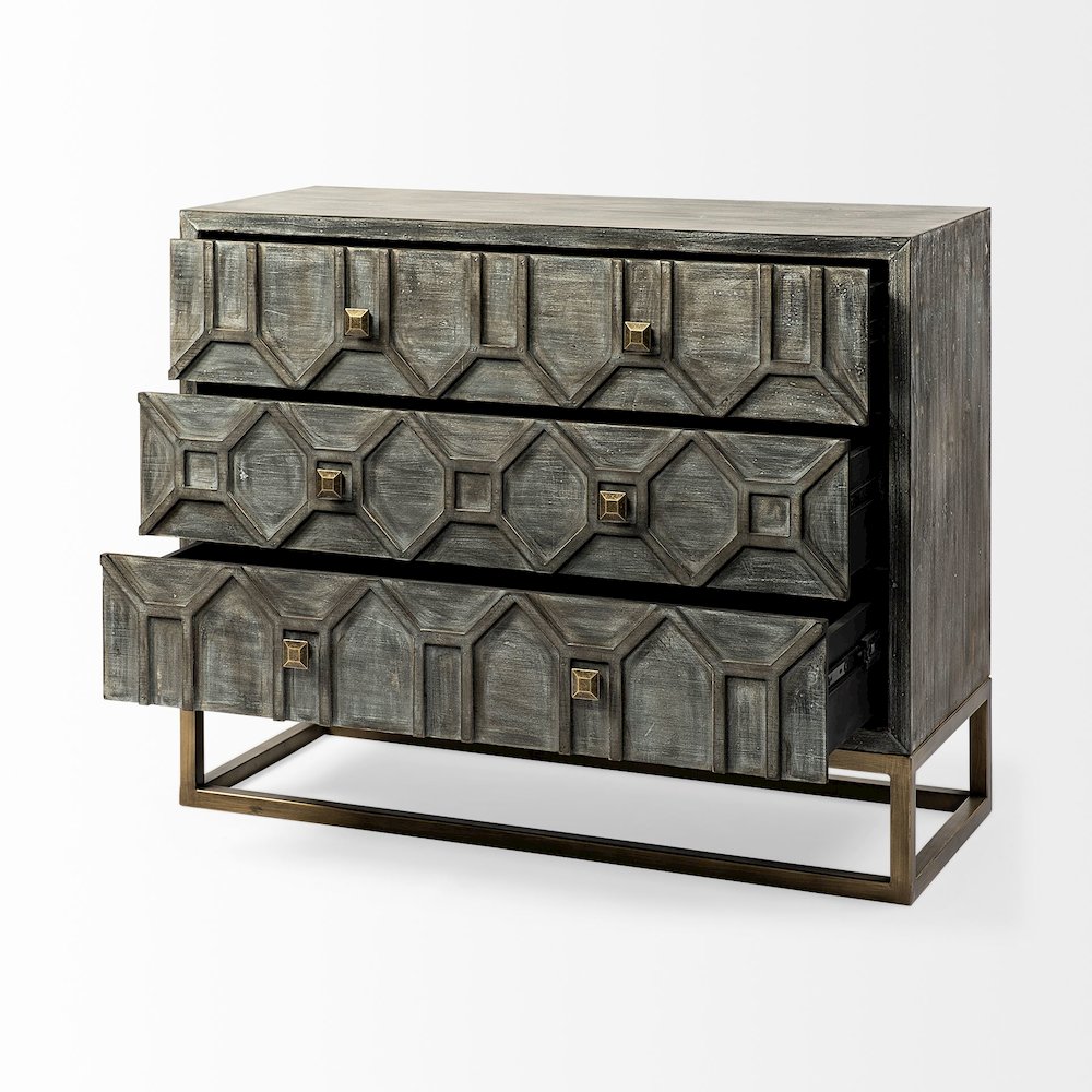 39L X 16W Gray Fir Veneer And Metal Base 3 Drawer Accent Cabinet. Picture 11