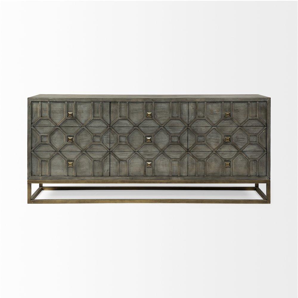 Genevieve 70x15.8 Gray Fir VeneerGold Metal Frame Base 9 Drawer Sideboard. Picture 8