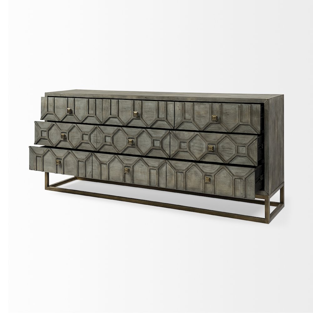 Genevieve 70x15.8 Gray Fir VeneerGold Metal Frame Base 9 Drawer Sideboard. Picture 11