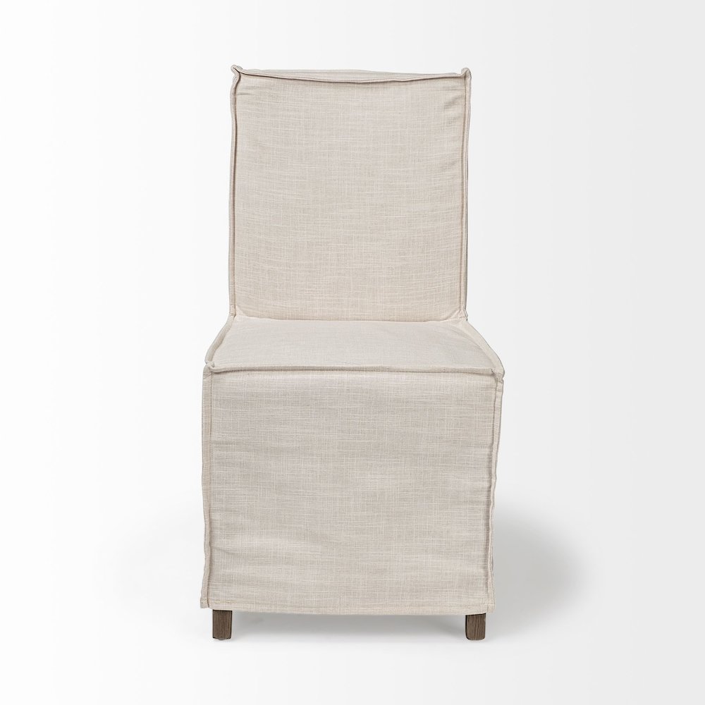 Cream Fabric Slip-Cover Brown Wooden Base Dining Chair. Picture 4