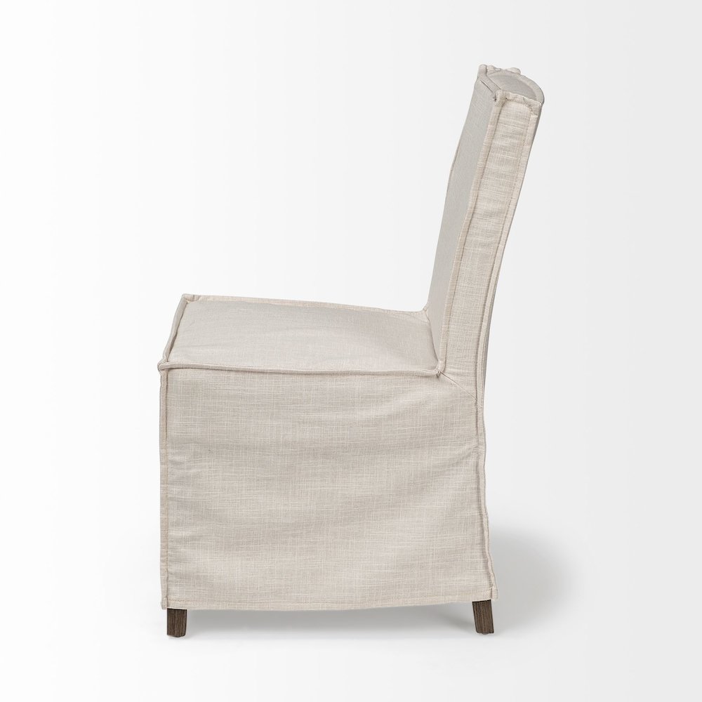 Cream Fabric Slip-Cover Brown Wooden Base Dining Chair. Picture 5