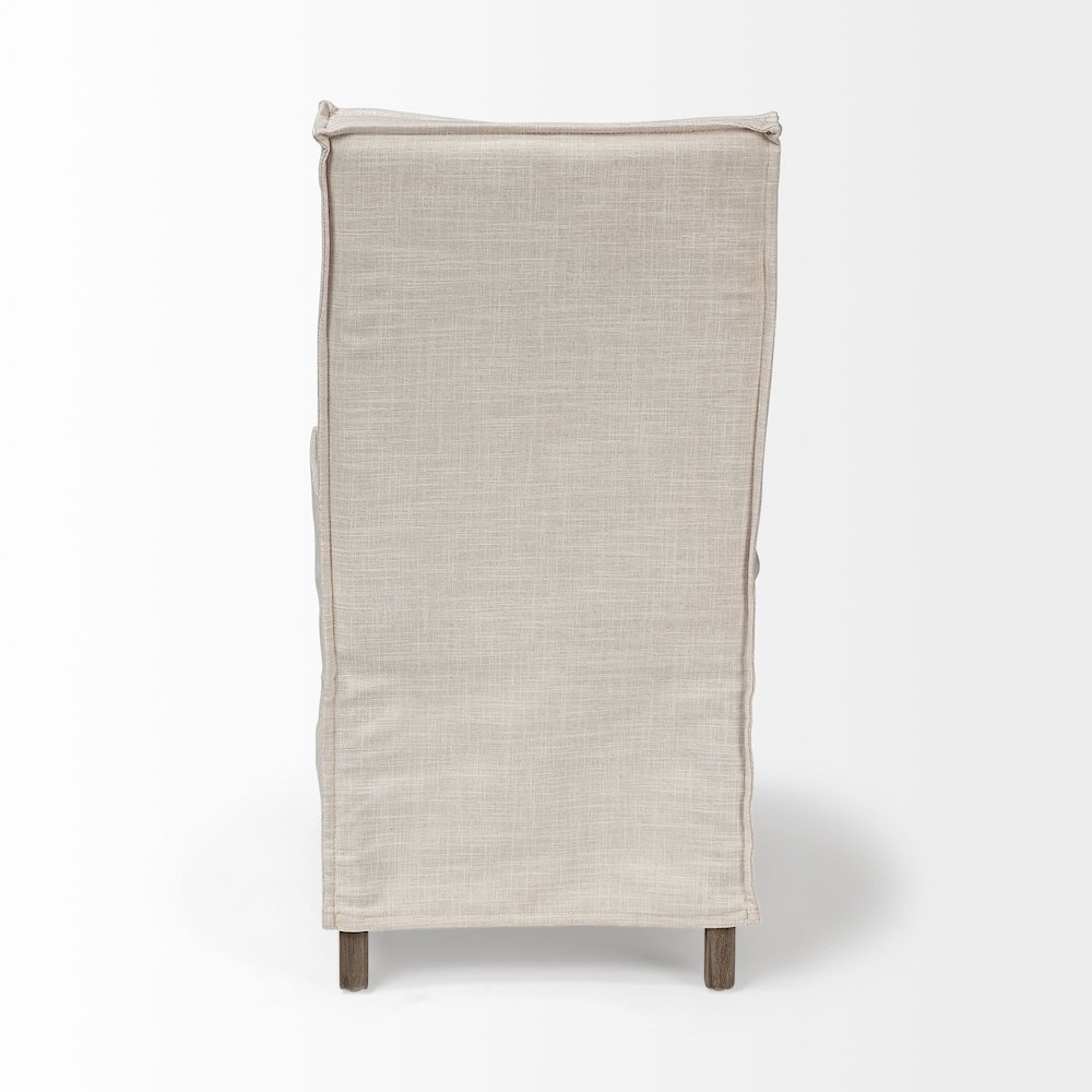 Cream Fabric Slip-Cover Brown Wooden Base Dining Chair. Picture 6