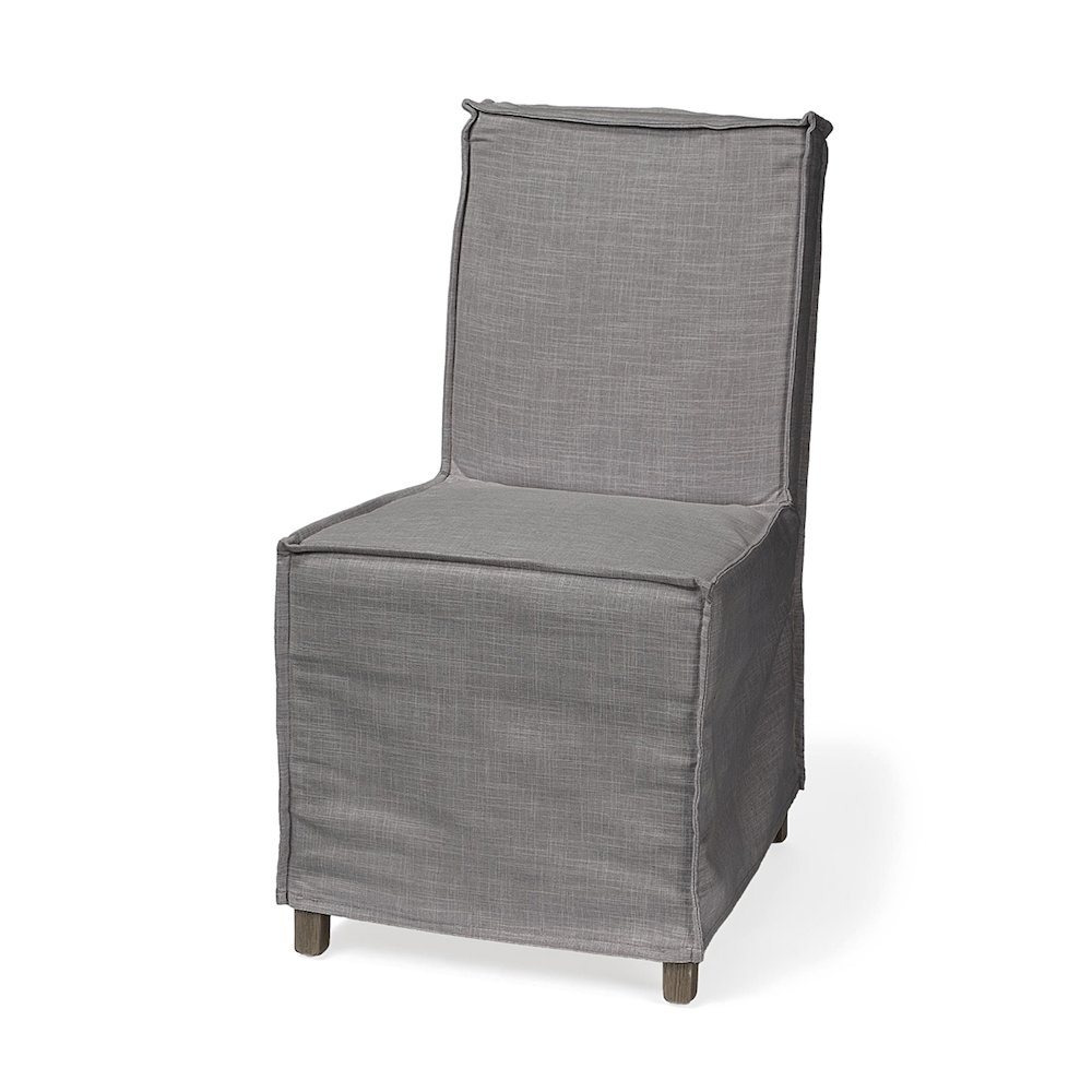 Grey Fabric Slip-Cover Brown Wooden Base Dining Chair. Picture 1