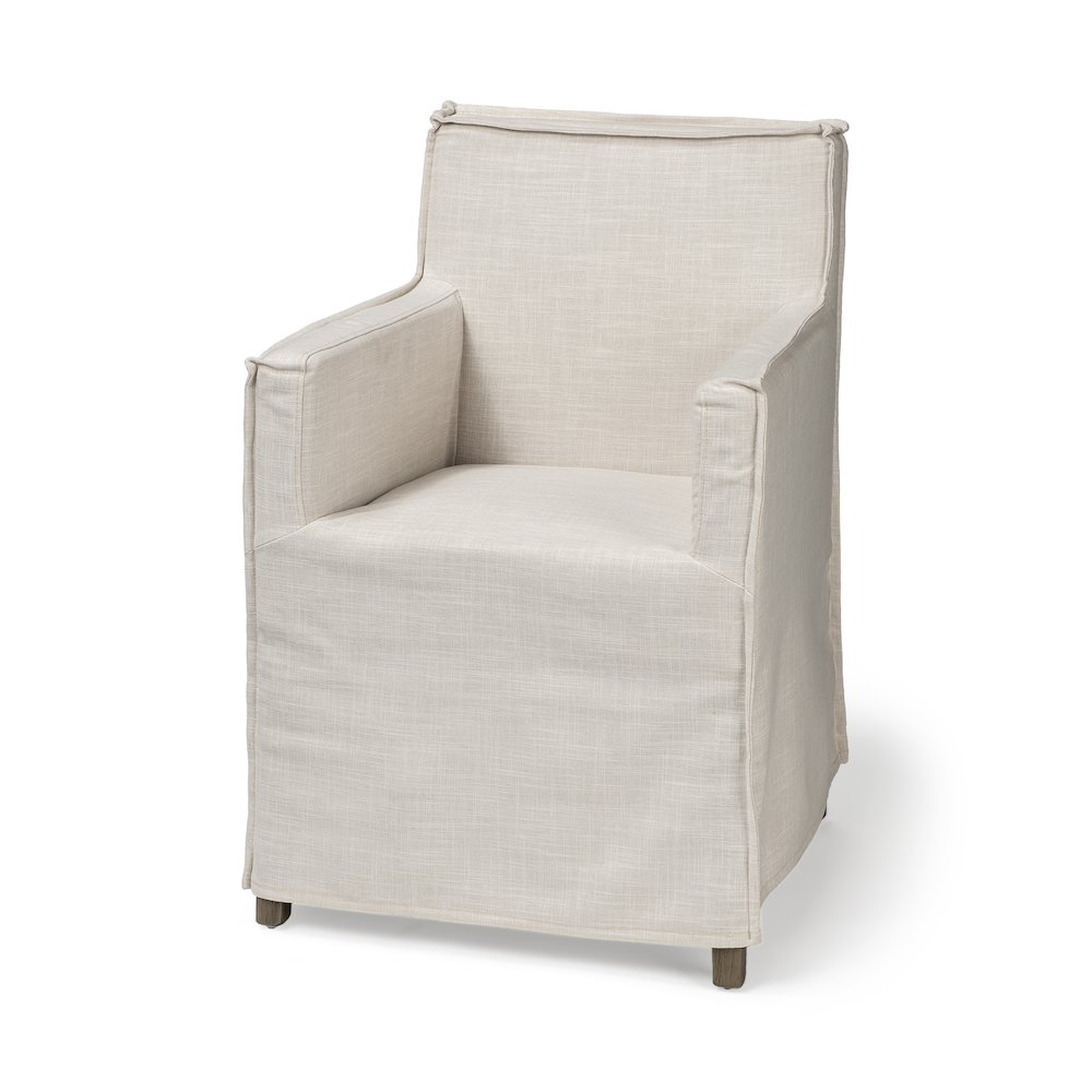 Cream Fabric Slip-Cover Brown Wood Frame Dining Chair. Picture 1