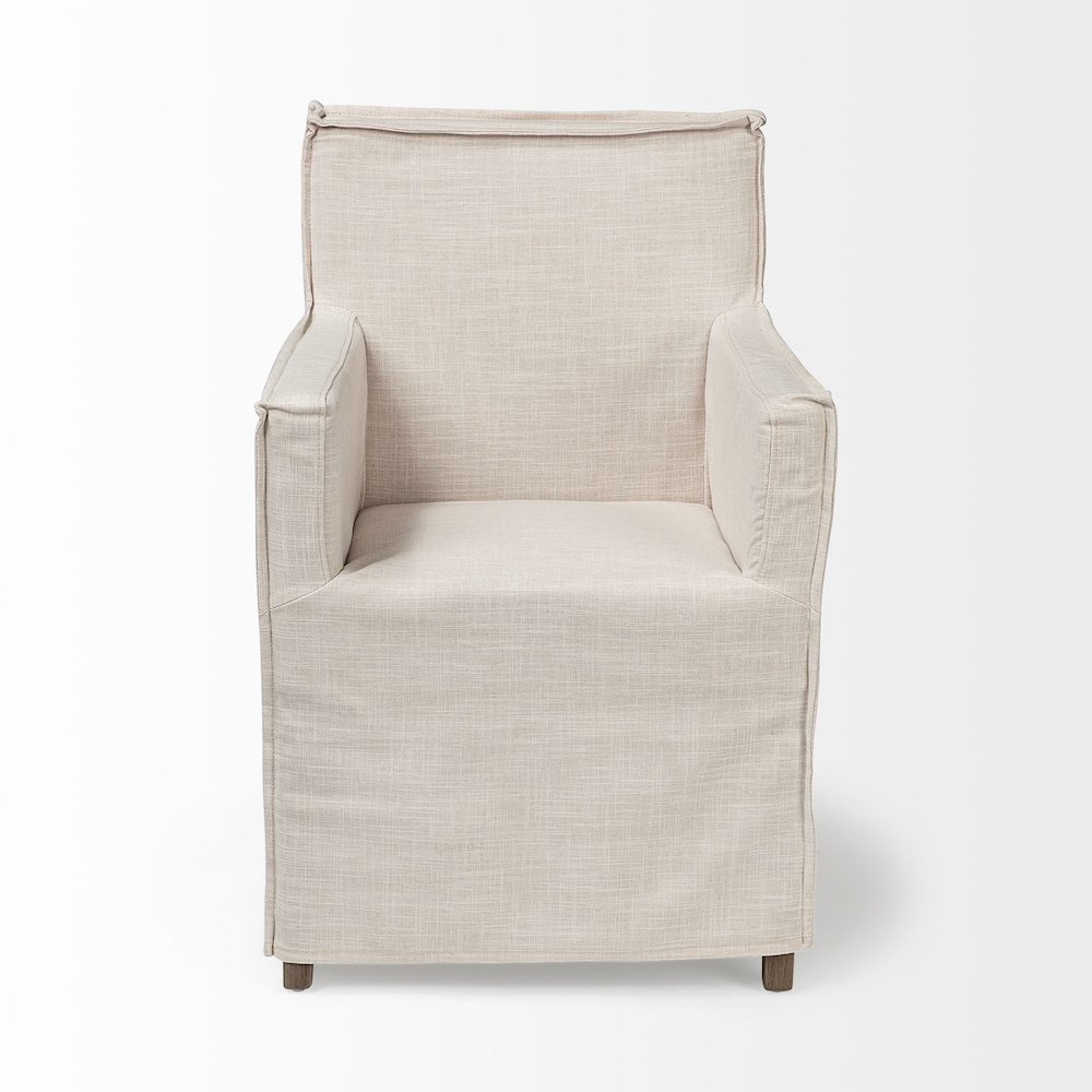 Cream Fabric Slip-Cover Brown Wood Frame Dining Chair. Picture 3