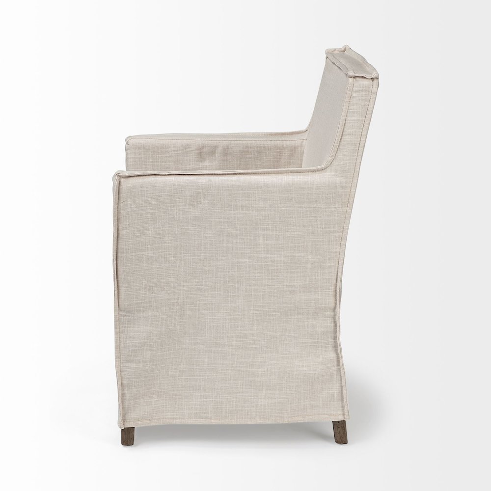 Cream Fabric Slip-Cover Brown Wood Frame Dining Chair. Picture 4