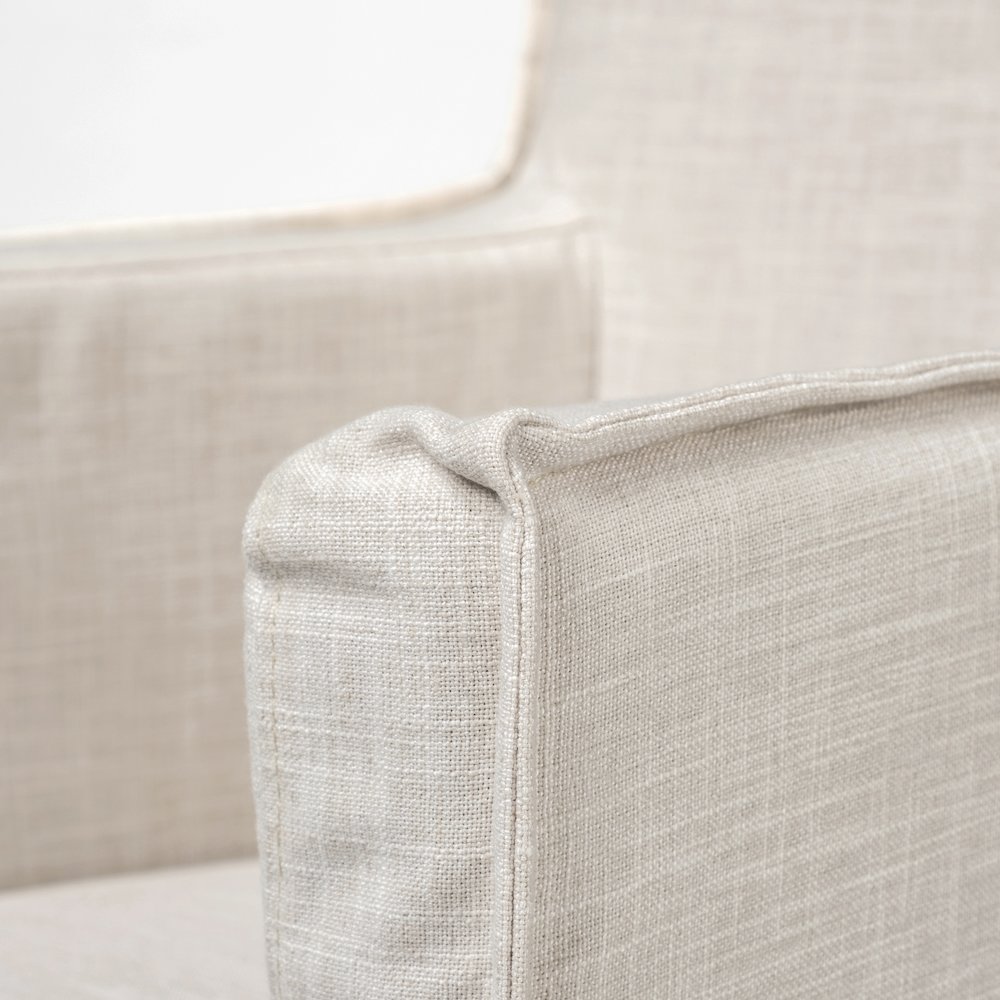 Cream Fabric Slip-Cover Brown Wood Frame Dining Chair. Picture 7