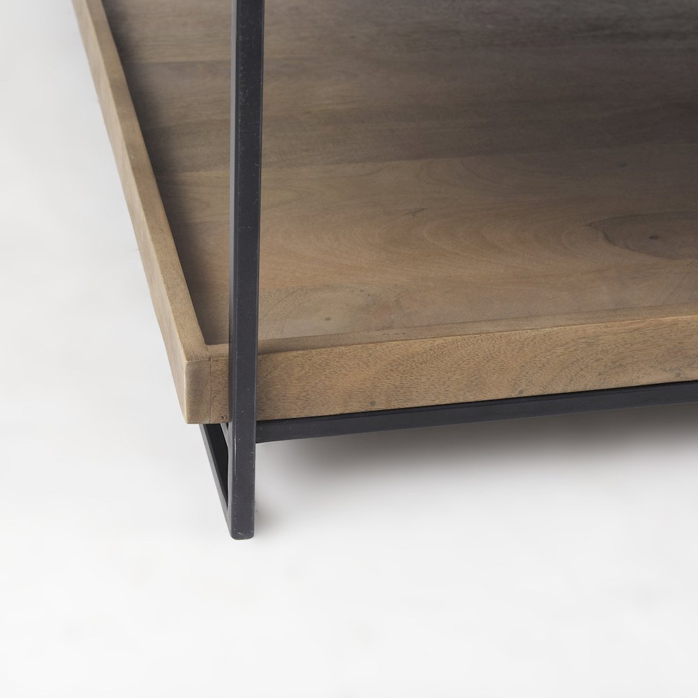 Rectangular Brown Solid Wood Top Table Black Metal Frame Two-Tier Coffee Table. Picture 2